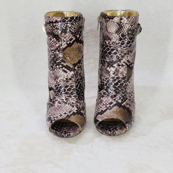 * Mona Mia Snakeskin Print Open Toe 4 3/4" Gold Trim Stiletto Heel Ankle Boots - Picture 4 of 7
